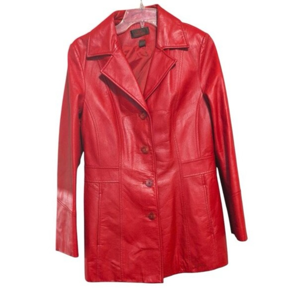Y2K Vintage Danier Leather Jacket Red Button Down with Pockets Fitted Blazer